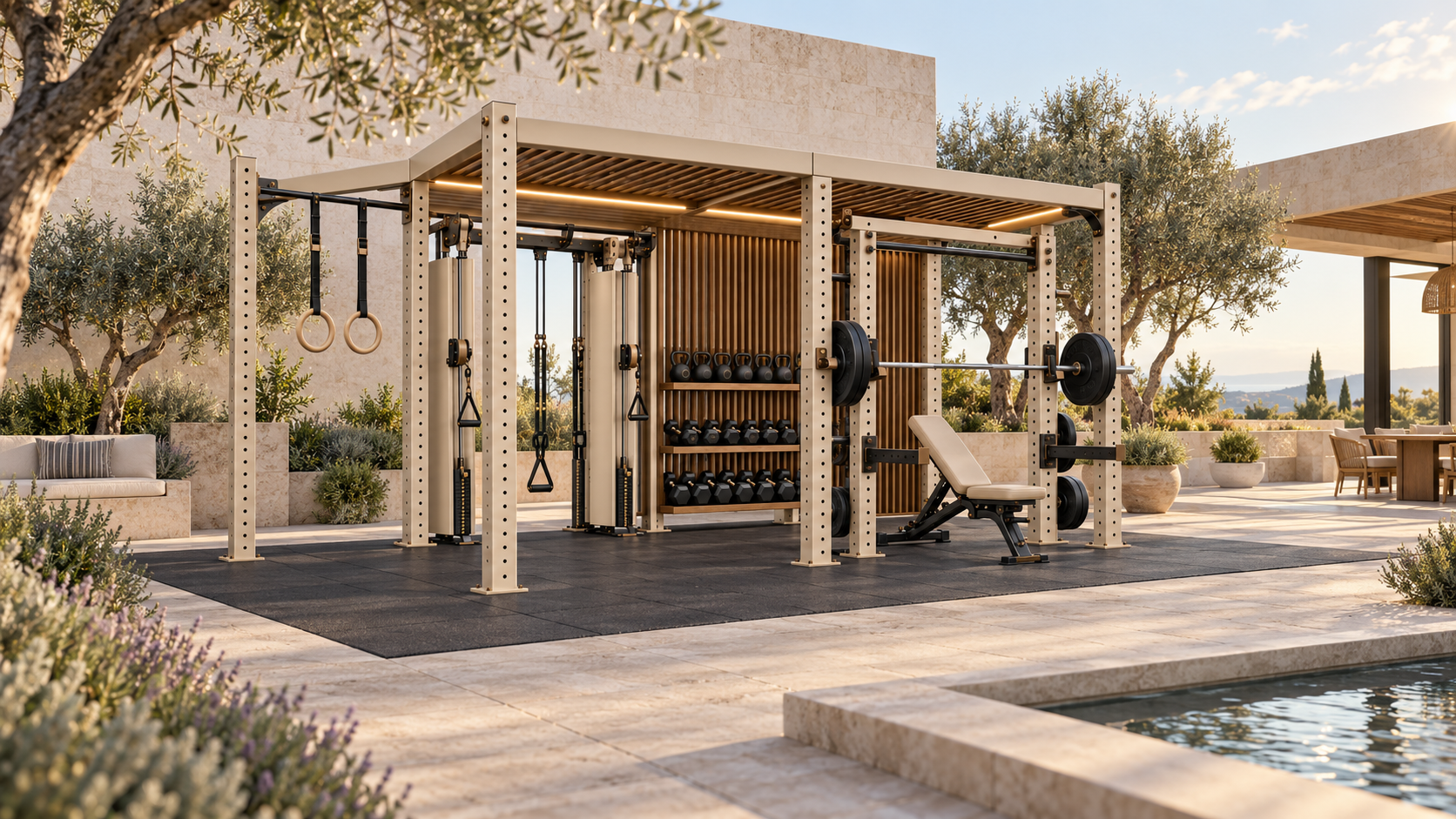 Simulation of NEXUS PAVILION in a Mediterranean courtyard with power, cable and storage areas