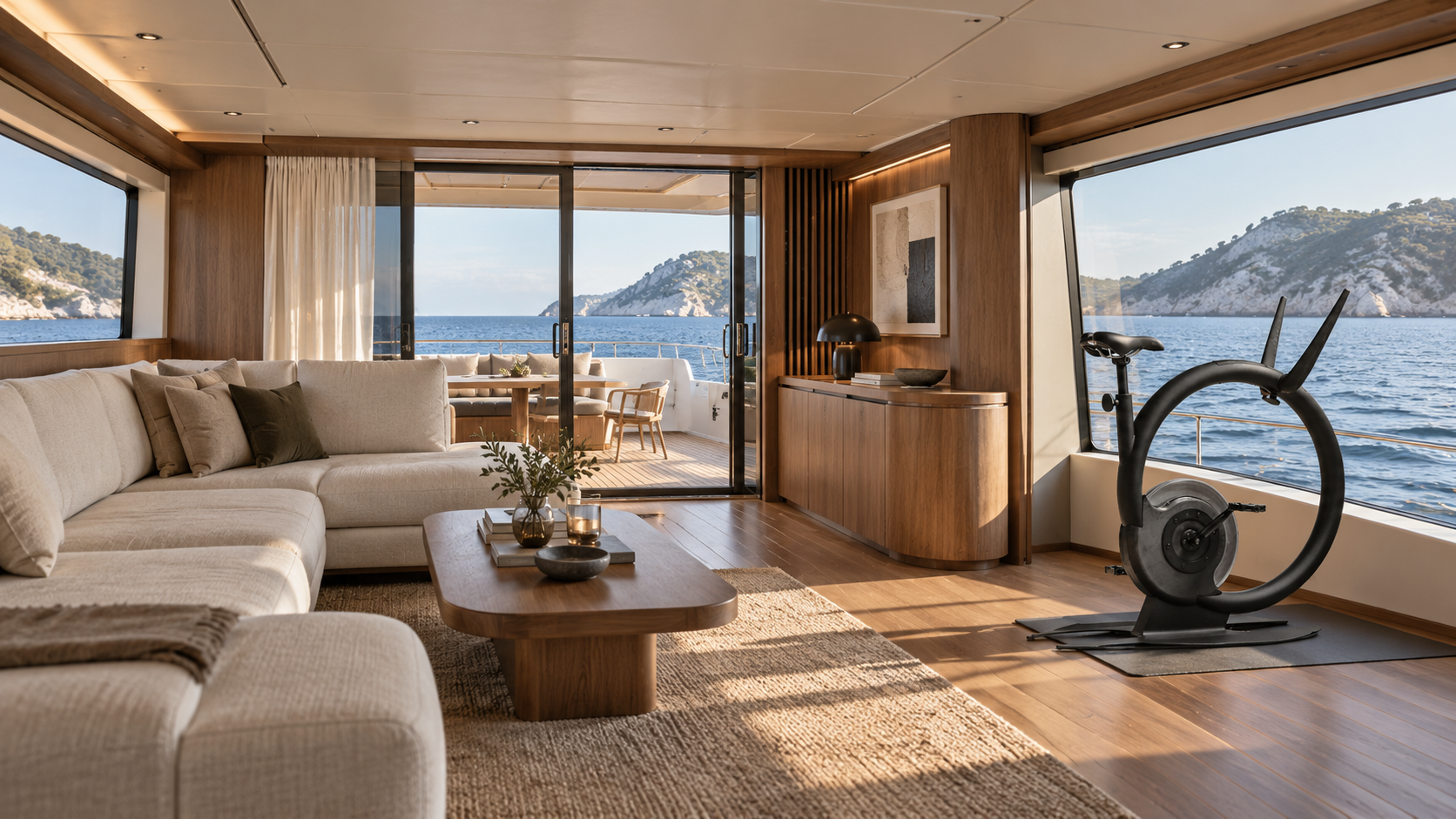 Yacht salon concept with a Ciclotte bike beside a sea-facing window
