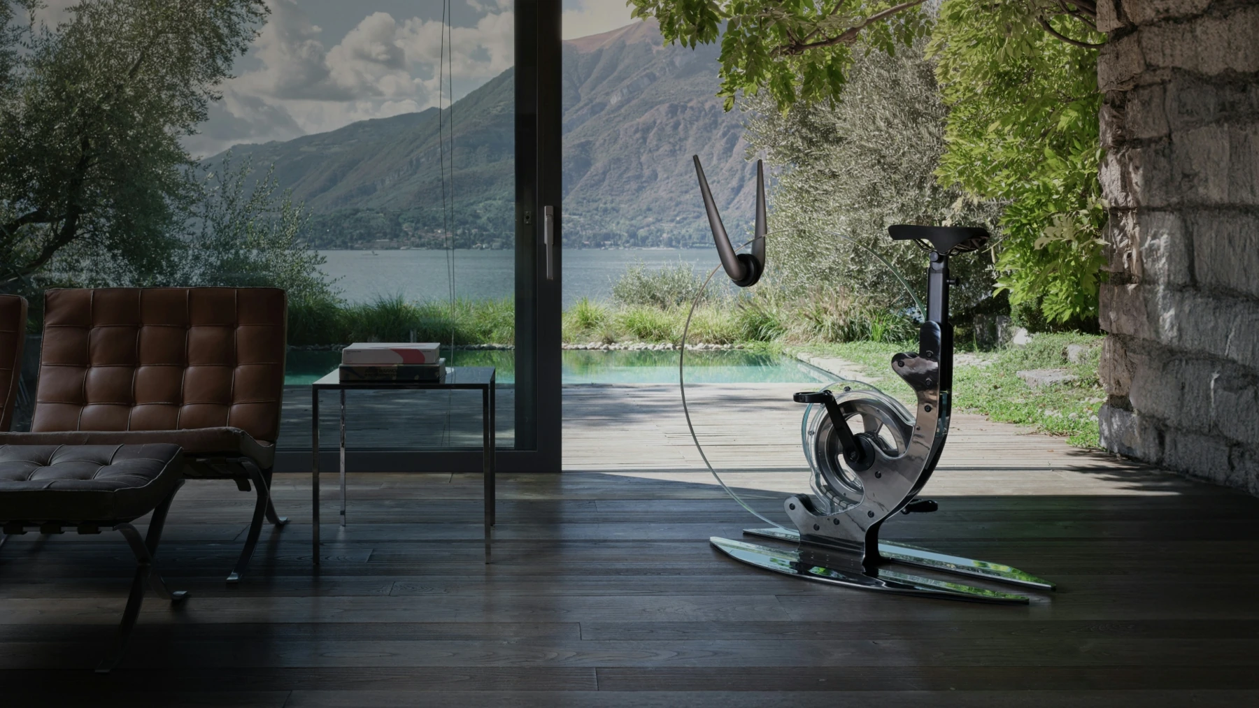 Glass Ciclotte bike in the space overlooking the lake