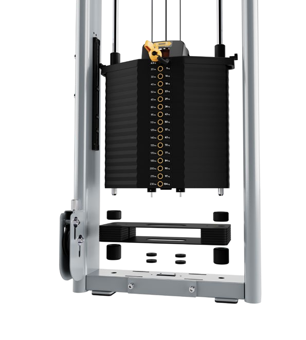 Original Matrix illustration of the weight stack and lower damping assembly. The configuration is machine-specific.