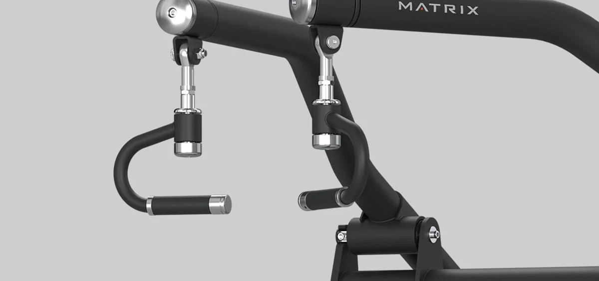 Close-up of dual rotating grip handles on the Matrix Fitness Lat Pulldown machine in Matte Black, attached to the overhead arm labeled with the Matrix logo.