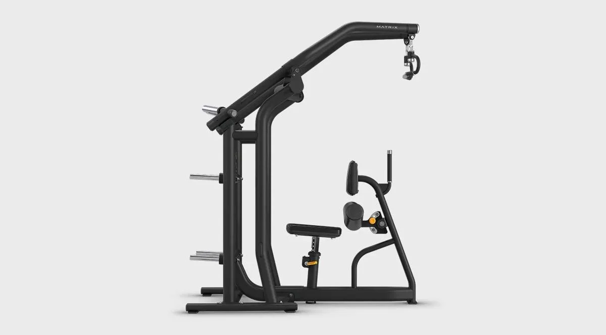 Side profile of the Matrix Fitness Lat Pulldown machine in Matte Black, showing the seat, thigh restraint, and overhead pivoting arm with weight storage.