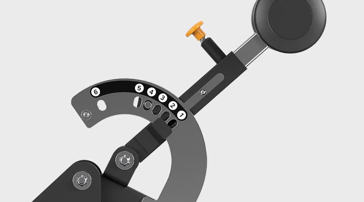Close-up of a numbered angle adjustment dial on a Matrix Fitness machine in Matte Black, showing positions 1 through 6 with a yellow locking pin.