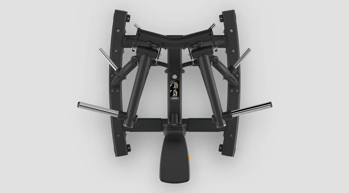 Top-down view of the Matrix Fitness Low Row machine in Matte Black, showing the handle arms, footplate, and instructional placard at the center.