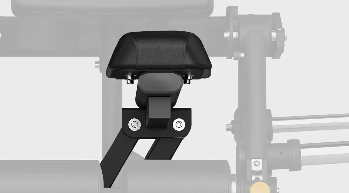 Close-up of the thigh support pad on a Matrix Fitness leg machine in Matte Black, mounted on an angled support arm.