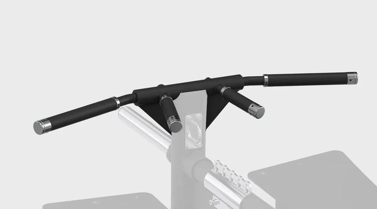 Angled view of the handle assembly on a Matrix Fitness machine in Matte Black, showing four padded grip handles extending from a central bar.