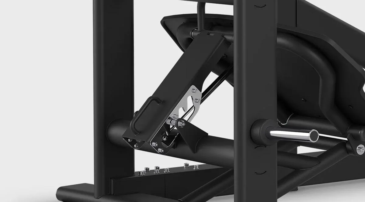 Side view of the adjustable footplate mechanism with a chrome position selector on the Matrix leg press machine in Matte Black.