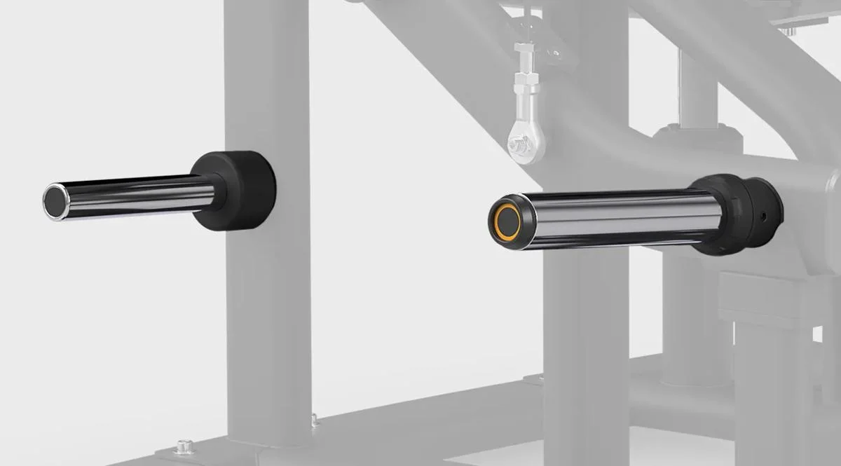 Close-up of two chrome weight horns on a Matrix Fitness machine in Matte Black, used for plate-loaded resistance.