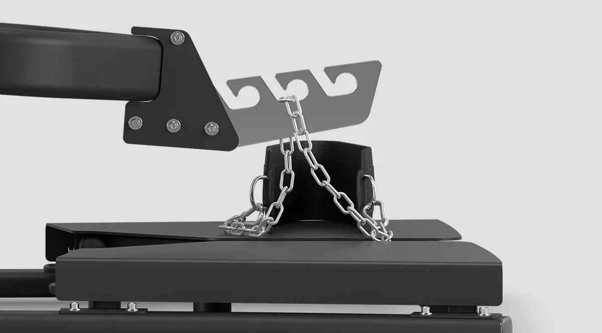 Close-up of the loading chain and hook mechanism for the belt attachment on the Matrix Fitness Belt Squat machine in Matte Black.