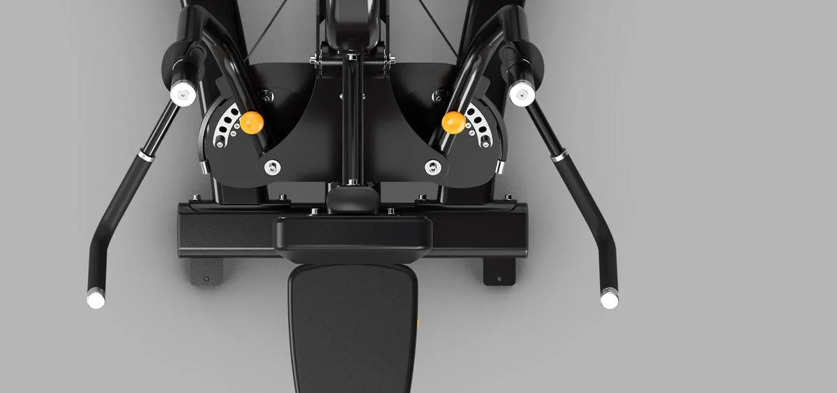 Top-down view of the Magnum Decline Pec Fly's adjustable handles, showcasing their five ROM positions.