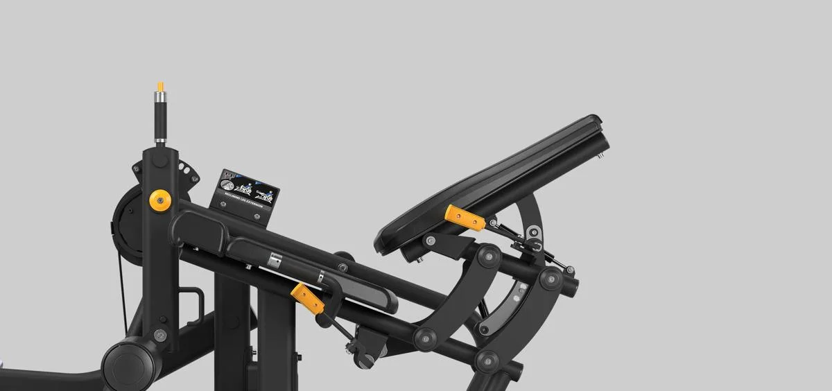 Side view of the Matrix Fitness Incline Leg Extension machine in Matte Black, highlighting the seat angle mechanism, leg pads, and instructional placard.