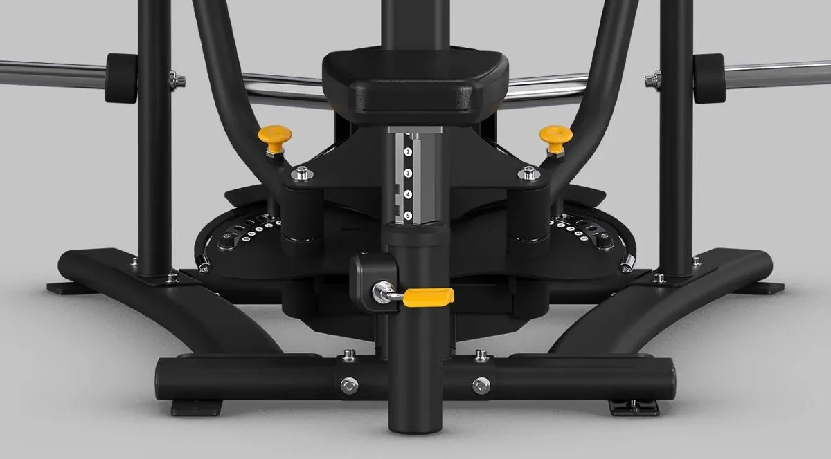 Close-up of the Magnum Decline Pec Fly's ratcheting seat, highlighting its yellow adjustment points.