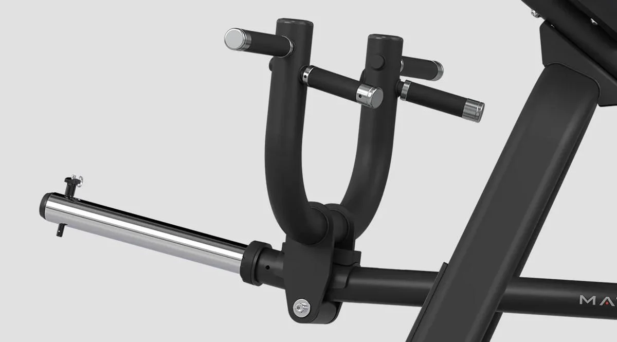 Detailed view of the multi-grip handle arms and chrome weight horn on the Matrix Lever Row machine in Matte Black.