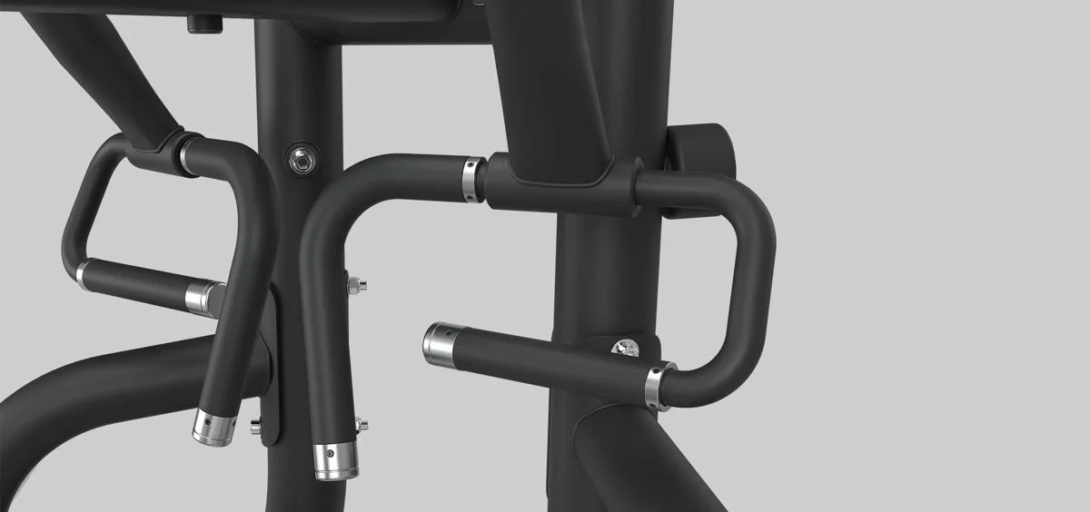 Detailed view of the multi-position horizontal and vertical grip handles on the Matrix Low Row machine in Matte Black.
