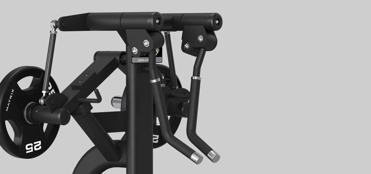 Close-up of the free-floating handles on a Magnum Seated Lateral Raise in Matte Black.